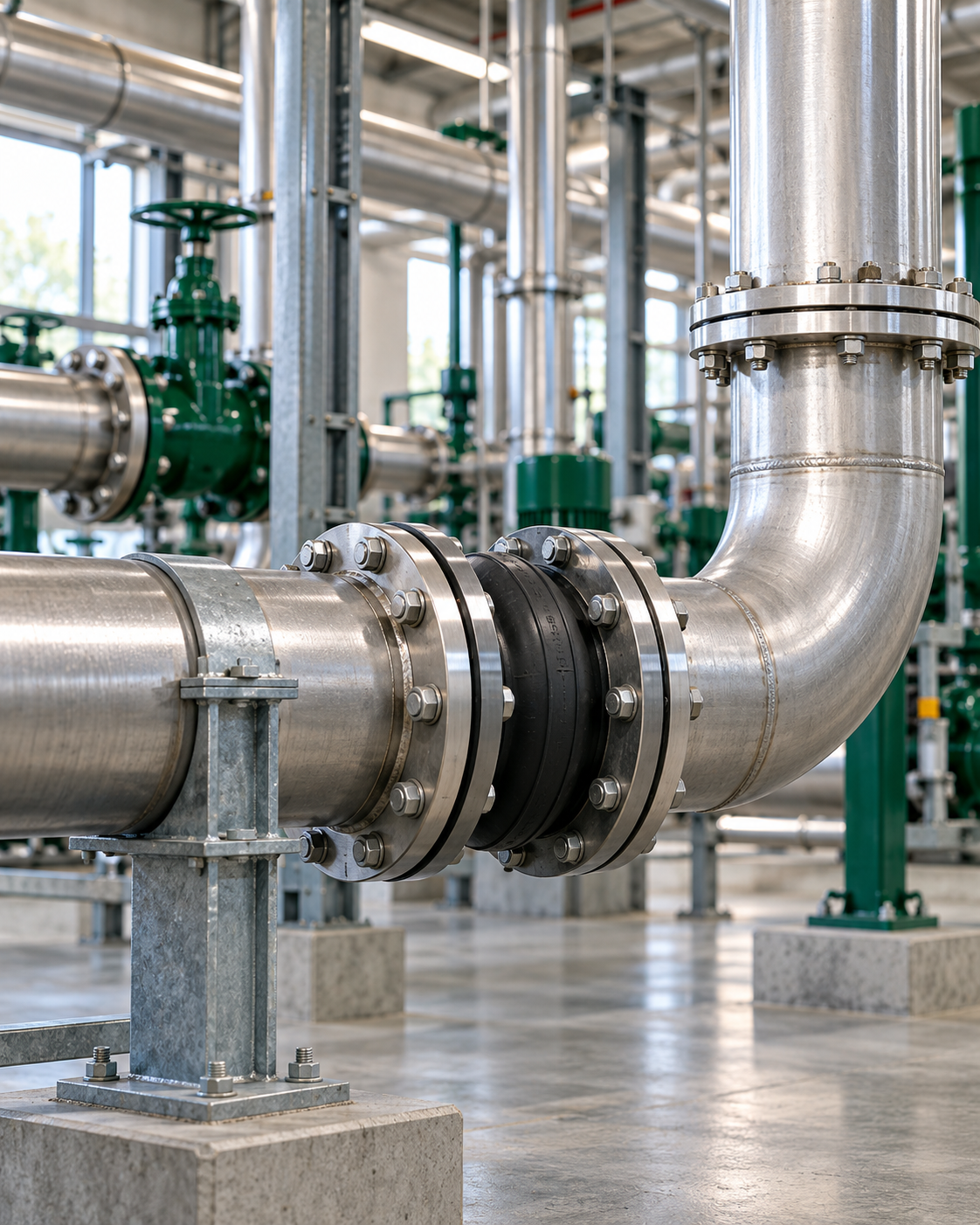 Rubber expansion joint installed between stainless steel pipeline sections in an industrial piping system