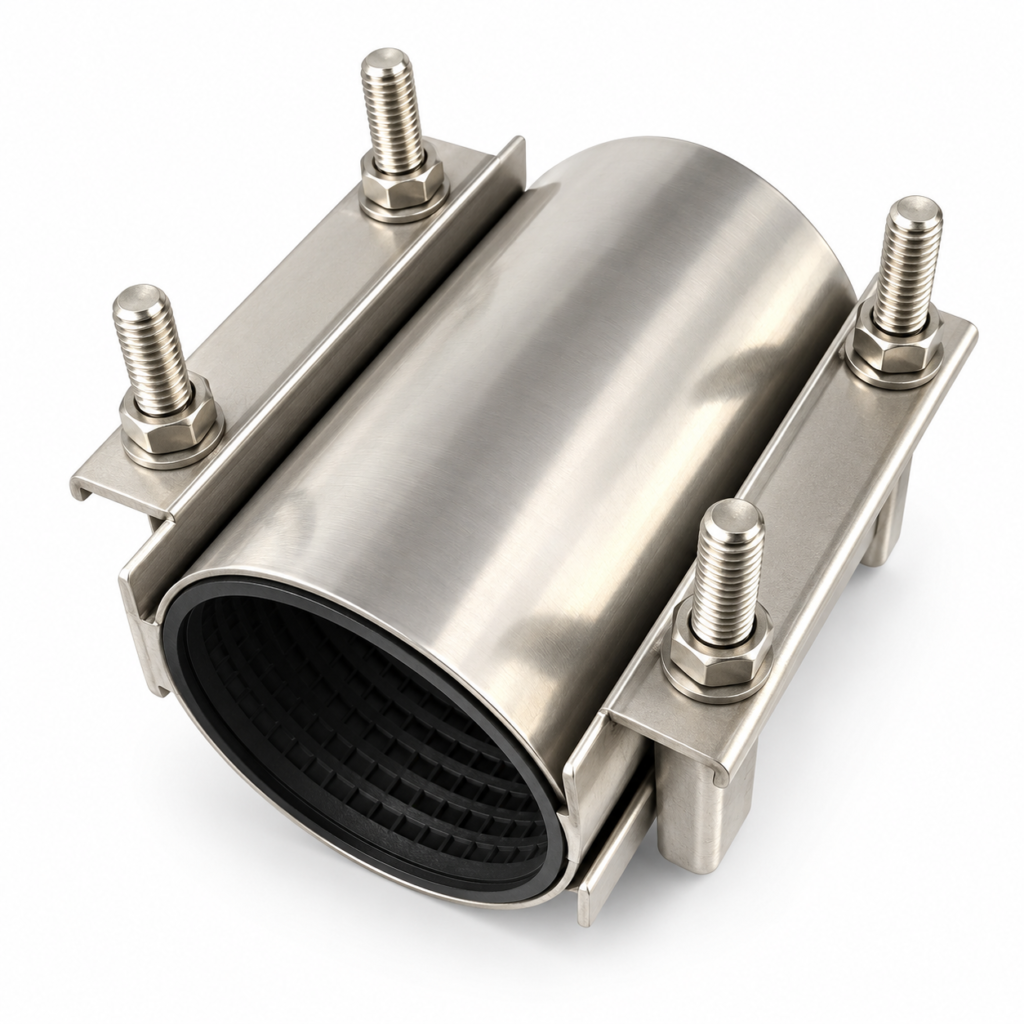 Double band pipe repair clamp with one-piece stainless steel shell and dual-side bolted fastening