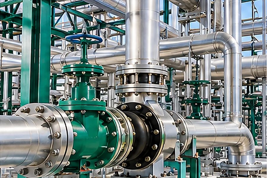 Stainless steel process piping with flanged valves inside an industrial plant