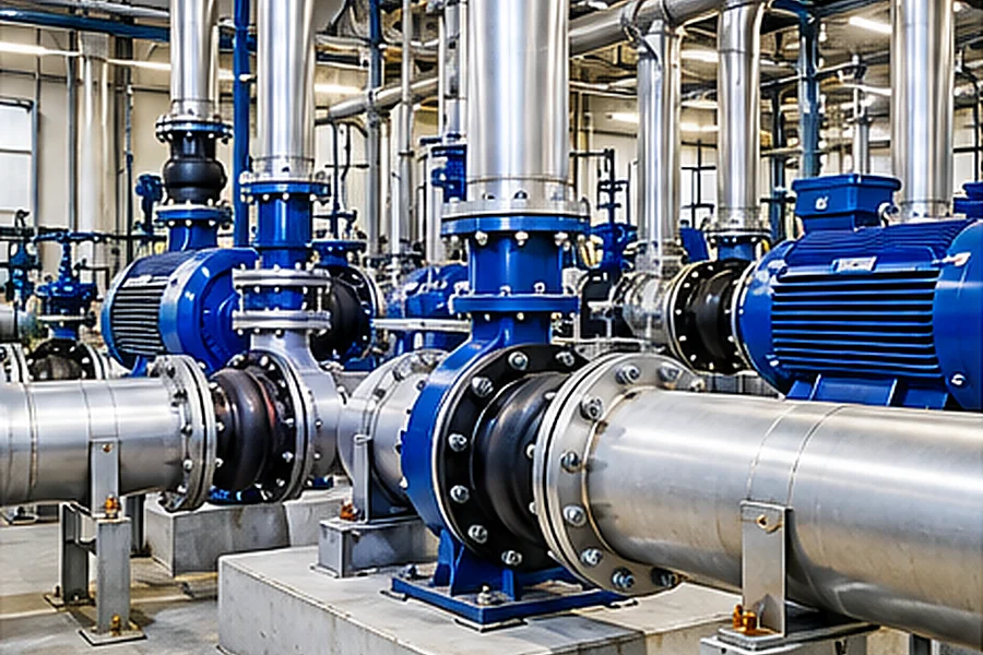 Industrial centrifugal pump and flanged pipe connections inside a plant room