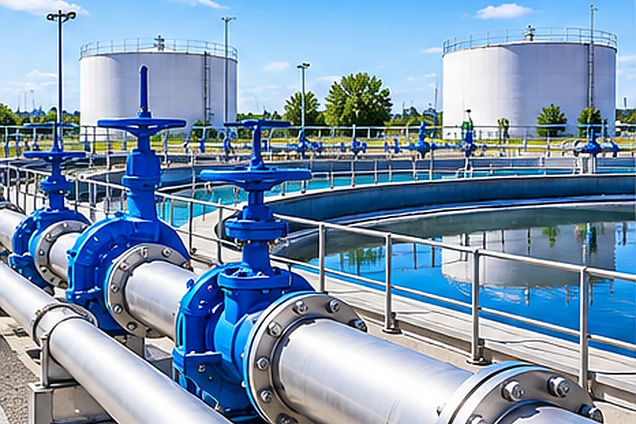 Flanged water pipeline and valves at a wastewater treatment facility