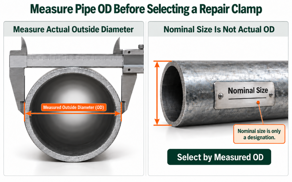 Technical diagram showing how to measure pipe outside diameter before selecting a pipe repair clamp