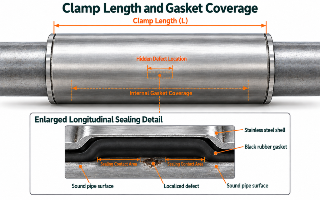Longitudinal diagram of repair clamp length and gasket sealing coverage extending beyond a localized pipe defect