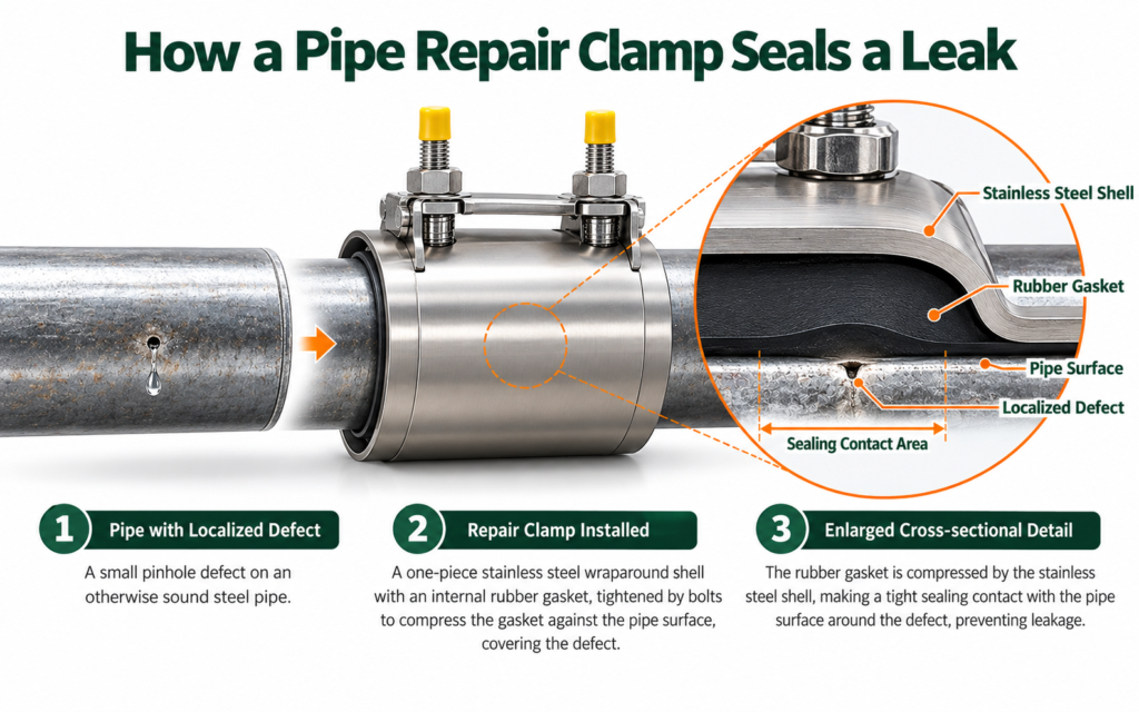 Cross-section showing a stainless steel pipe repair clamp compressing a rubber gasket over a localized pipe defect