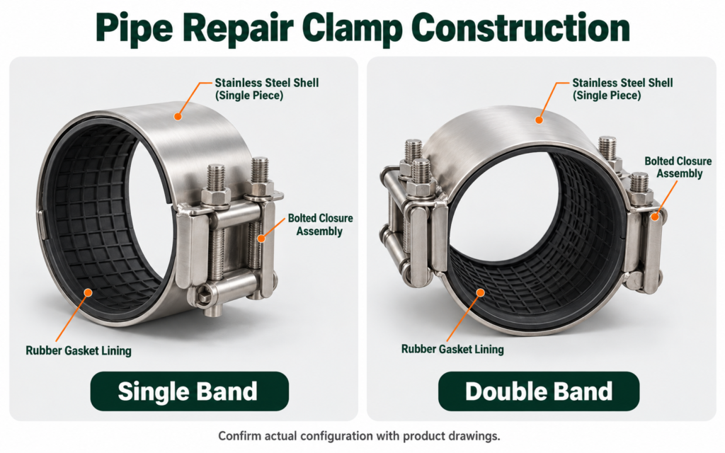 Comparison of single band and double band pipe repair clamps for pipeline leak repair applications.