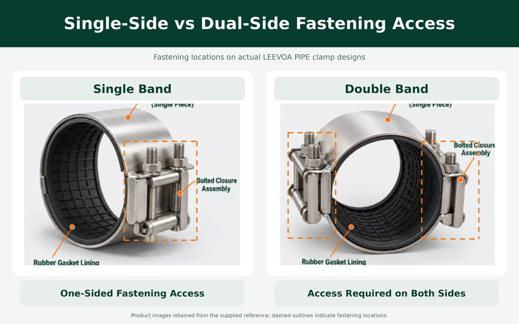 Comparison of one-sided and two-sided bolt access for single band and double band pipe repair clamps